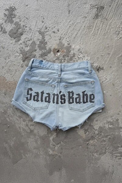Karakedi Satan's Babe Back Pocket Stone Detail Blue Short Denim Shorts