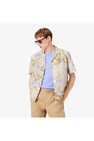 Lacoste Erkek Relaxed Fit Kısa Kollu Desenli Bej Gömlek