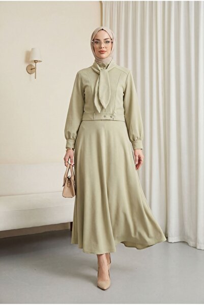 Modamorfo Διαγώνιο Σετ με Κρυφά Κουμπιά, Φουλάρι και Λεπτομερή Φούστα - πέτρα