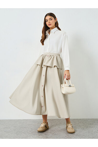 Take Two By Styli Beige Frill Detail A-Line Midi Skirt