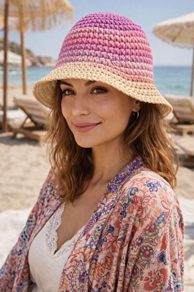 MARBERRY Ροζ Πλεκτό στο χέρι Ψάθινο Γυναικείο Καπέλο Bucket