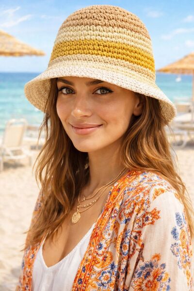 MARBERRY Κίτρινο Χειροποίητο Πλεκτό Ψάθινο Γυναικείο Καπέλο
