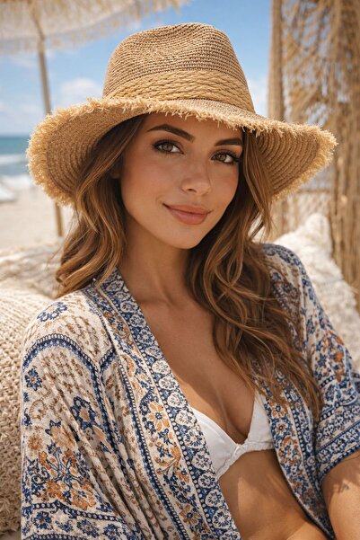 MARBERRY Ψάθινο γυναικείο καπέλο Fedora με λεπτομέρεια από ρίγες σε χρώμα καμ...