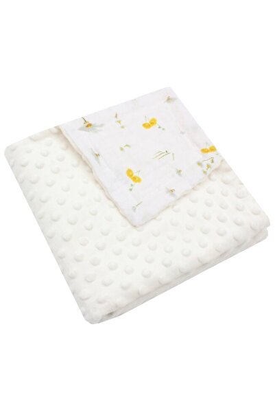 PRICHINDEL Pătură Minky, Muslină reversibilă, Flori galbene, 80x100cm, Crem