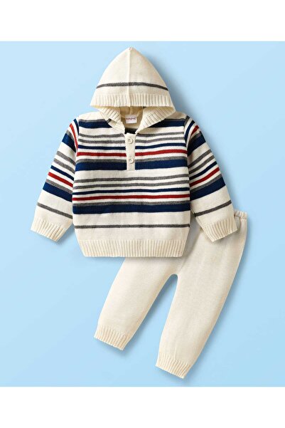 Babyhug Knitted Full Sleeves Striped Sweater Set With Hood - White & Navy Blue