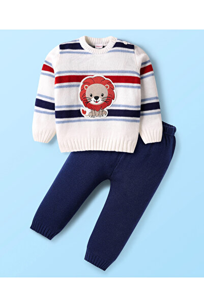 Babyhug Knit Full Sleeves Pullover Sweater Set With Stripes & Lion Patch - Wh...