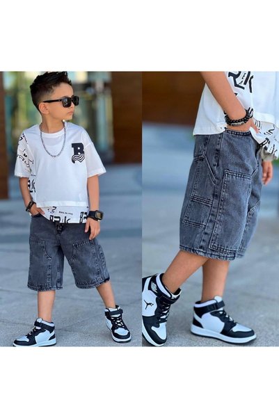 RAPAPA Boy's Printed Denim Shorts Set Black-2558S