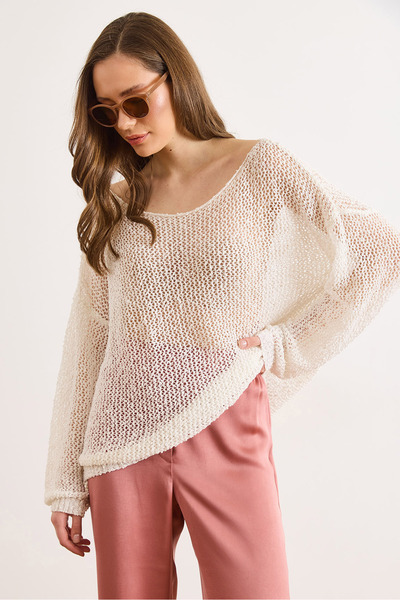 Olalook Women's White Wide Collar Openwork Loose Fit Knitwear Blouse Blz-1900...