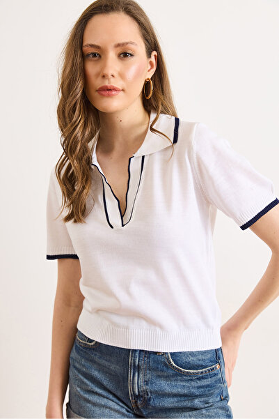 Olalook Γυναικεία λεπτή πλεκτή μπλούζα με λευκό γιακά πόλο και ρίγες BLZ-1900...