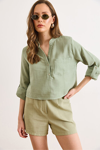 Olalook Γυναικεία πράσινη μπλούζα μουσελίνας με τσέπες BLZ-19003315