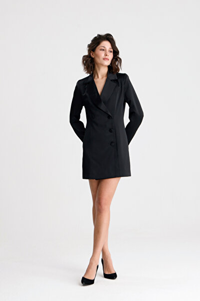 Sense Φόρεμα με σατέν μπλέιζερ και διπλό γιακά με επένδυση |   ELB36615 Μαύρο