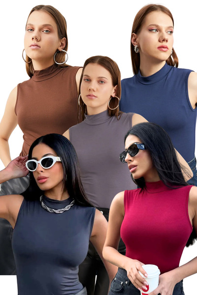 Ladima Set de maiouri economice pentru femei, 5 piese, maro, gri, antracit, b...