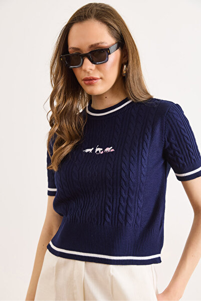 Olalook Γυναικεία Μπλούζα Πλεκτή με Κέντημα Γάτας σε Σκούρο Μπλε Χρώμα BLZ-19...