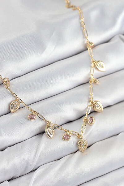 Nehir Şık Pirinç Zirkon Taşlı Sallantılı Damla Model Gold Renk Kadın Kolye Öğ...