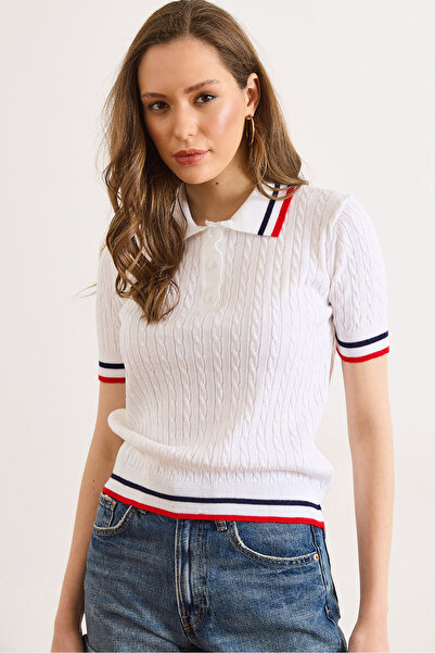 Olalook Γυναικεία λεπτή πλεκτή μπλούζα με λευκό γιακά πόλο και λεπτομέρεια με...