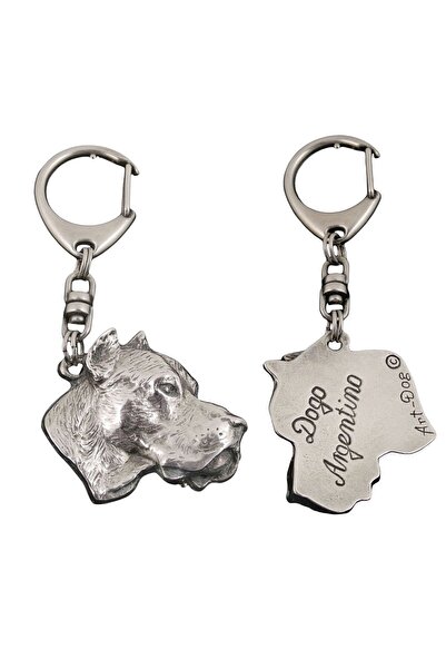 Art - Dog Dogo Argentino - Breloc placat cu argint cu un câine într-o cutie c...