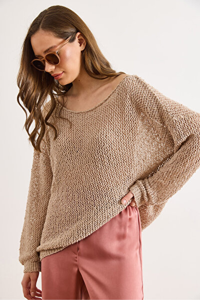 Olalook Women's Stone Wide Collar Openwork Loose Fit Knitwear Blouse Blz-1900...