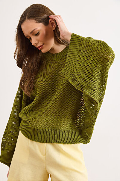 Olalook Women's Oil Green Crew Neck Openwork Loose Fit Seasonal Knitwear Blou...