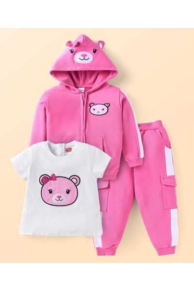Babyhug Terry Knit Hooded Sweatjacket & Lounge Pants Set With T-Shirt & Anima...
