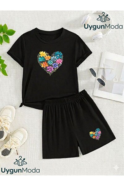 UygunModa Flower Heart Printed T-Shirt Shorts Summer Children's Set