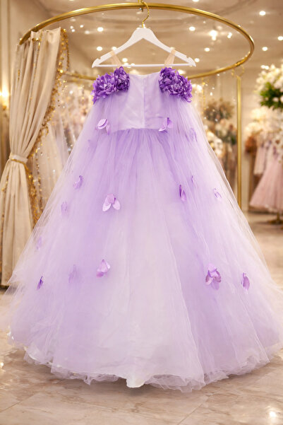 Lavin's Lavender Fairy Tale Tül Çocuk Abiye – Eldiven ve Taç Detaylı, Çiçek A...