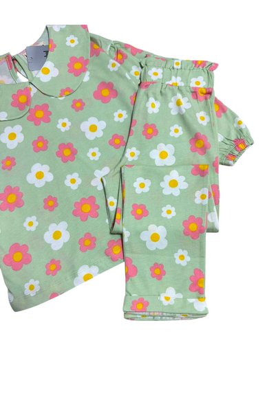 İsobel Girl's 100% Cotton Fabric Green Color Flowers Pattern Baby Collar Long Sleeve Interlock Pajama Set