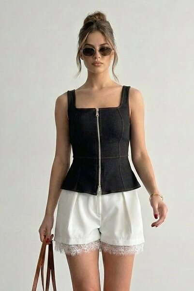 VAGGON Τζιν μπλούζα με τετράγωνο γιακά και φερμουάρ