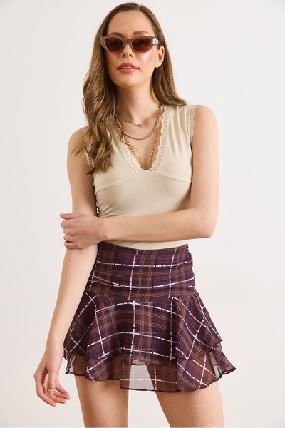 Olalook Fustă din tul în carouri pentru femei, cu pantaloni scurți cu fermoar...