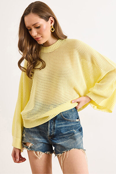 Olalook Women's Yellow Crew Neck Openwork Loose Fit Seasonal Knitwear Blouse ...