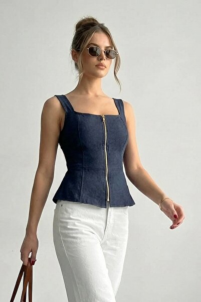 VAGGON Τζιν μπλούζα με τετράγωνο γιακά και φερμουάρ