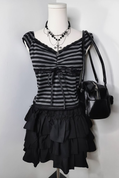 Köstebek Μαύρο ανθρακί ριγέ φιόγκος grunge με δαντέλα Y2K κοντομάνικο crop