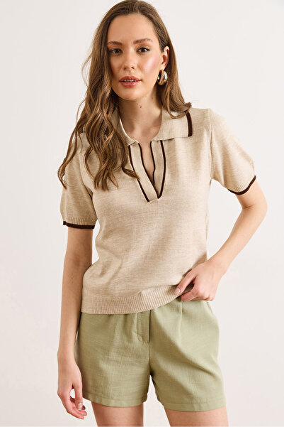 Olalook Γυναικεία πλεκτή μπλούζα με λεπτές λωρίδες σε χρώμα πέτρινο πόλο και ...