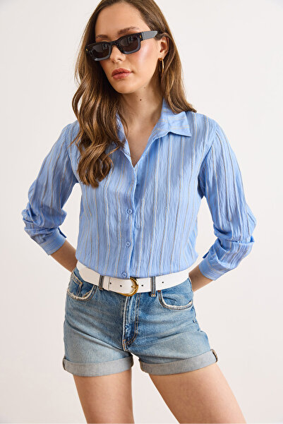 Olalook Γυναικείο πουκάμισο σε μπλε βρεφικό χρώμα με ρίγες και αντίθεση, κανο...