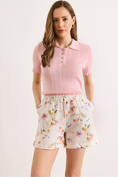 Olalook Pantaloni scurți de damă din muselină, ecru, cu buzunare și talie ela...