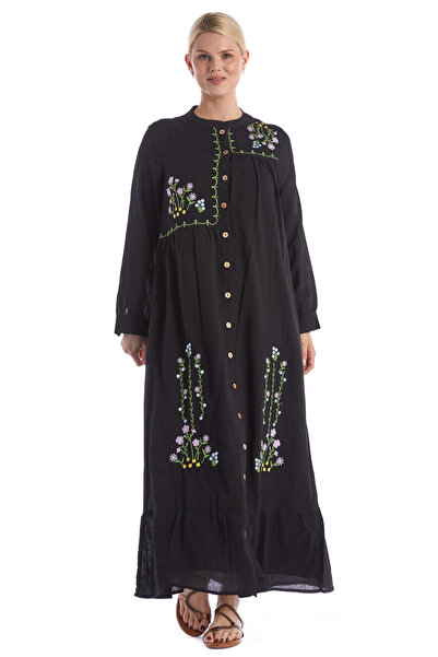 Newbutix فستان طويل بأكمام طويلة وتفاصيل مطرزة وأزرار كاملة من قماش الشيل الص...