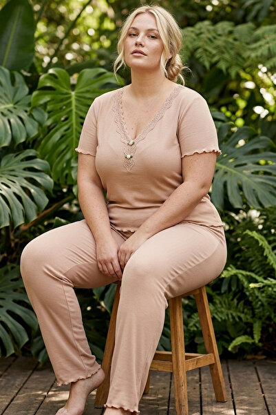 Siyah İnci sütlükahve Πλεκτό Σετ Πιτζάμες με Δαντέλα και Λεπτομέρειες, Μεγάλο...