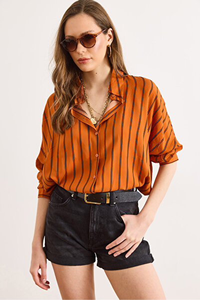Olalook Γυναικείο πορτοκαλί ριγέ πουκάμισο Boyfriend από υφαντό βισκόζη GML-1...