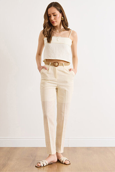 Olalook Women's Ecru Belt Li Pocketed Flam Cotton Carrot Trousers Pnt-19000404