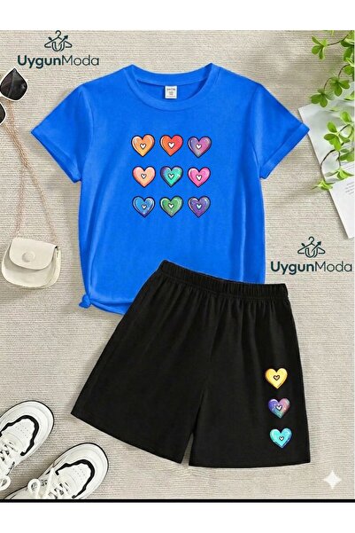 UygunModa Nine Small Heart Printed T-Shirt Shorts Summer Children's Set