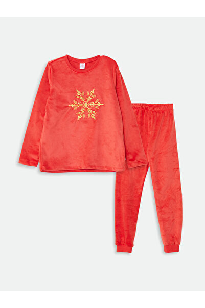 LC Waikiki Set de pijamale de fetiță din catifea, cu guler rotund, brodat, cu...