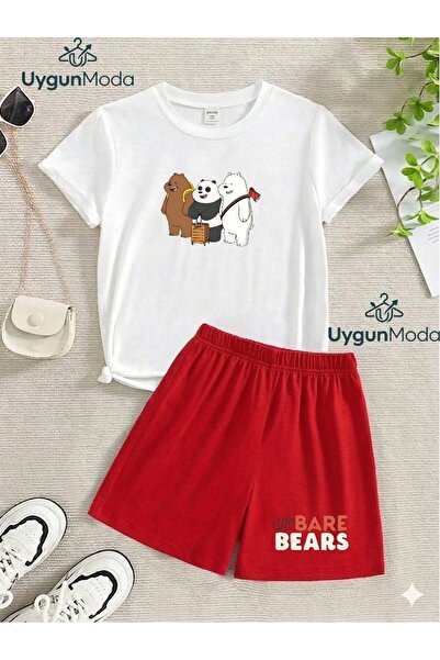 UygunModa Bagged Friends Bear Printed T-Shirt Shorts Summer Children's Set
