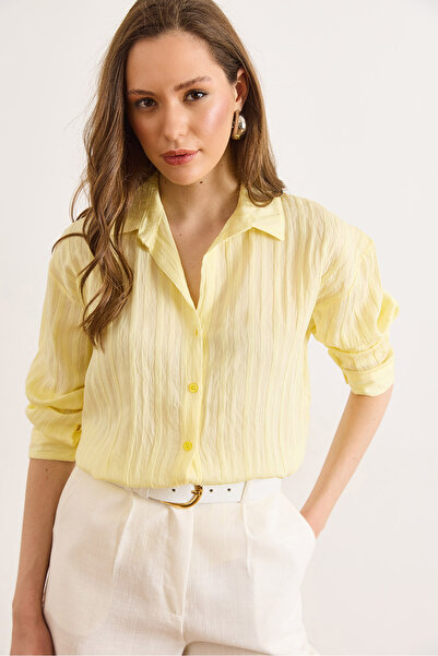 Olalook Γυναικείο ανοιχτό κίτρινο πουκάμισο με υφή, ελαφρώς διαφανές, χαλαρή ...