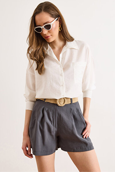 Olalook Γυναικείο σορτς ανθρακί μοντάλ με ζώνη, πιέτες και τσέπες, ντραπέ στυ...