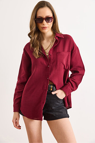 Olalook Γυναικείο πουκάμισο μπορντό oversize βασικό μουσελίνα GML-19001217