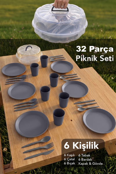 Meleni Home 32 Parça 6 Kişilik Piknik Seti - Taşınabilir Saklama Kutulu Outdo...