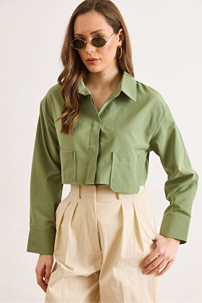 Olalook Γυναικείο υφαντό πουκάμισο χακί με λεπτομέρεια τσέπης GML-19001441