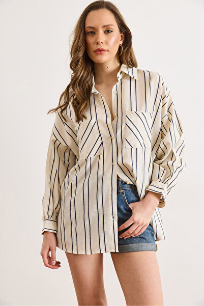 Olalook Γυναικείο Μπεζ Ναυτικό Μπλε Πουκάμισο Boyfriend με Διπλές Τσέπες και ...