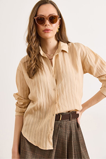 Olalook Women's Beige Textured Lightly Transparent Loose Fit Shirt Gml-19001408