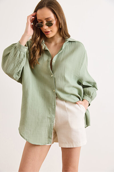 Olalook Γυναικείο πουκάμισο μουσελίνας σε πράσινο χρώμα, oversize, GML-19001442