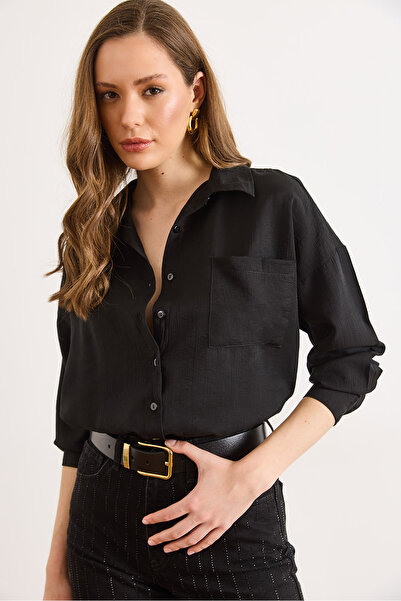 Olalook Γυναικείο μαύρο πουκάμισο με υφή και ρευστή εφαρμογή GML-19001440